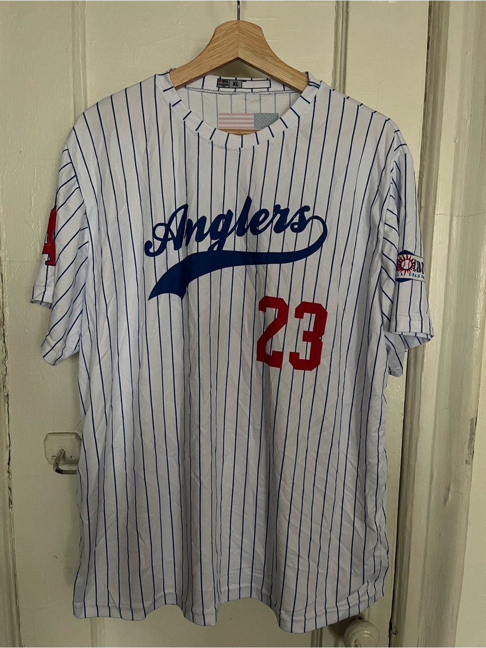 Men’s White Pinstripe Cape Cod Anglers Baseball Shirt Number 23